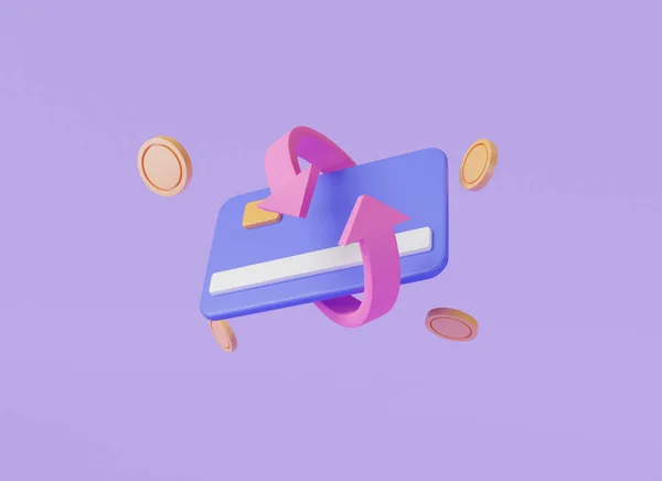 Cash back credit card with Arrow icon and coins on purple background. Credit or debit card refund money, online payment, Money-saving, money transfer, coins. 3d render illustration. cartoon minimal
