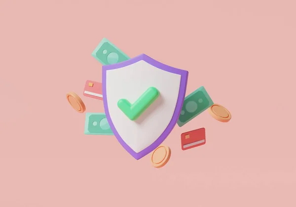 3d render illustration of money protection shield on pink background. Cash secure investment, online payment protection, Money security, financial saving insurance. coins, debit ,credit card, banknote