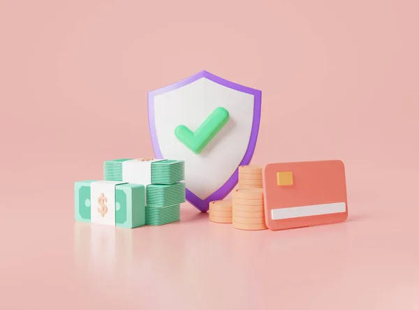 Escudo Protección Del Dinero Con Icono Marca Cheque Seguridad Del —  Fotos de Stock