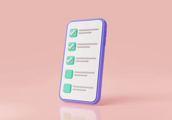 3d mobile phone with Check mark on pink background. checklist app, Tick on smartphone screen, Completed task, Online test, done payment. Business concept. 3d render illustration. cartoon minimal