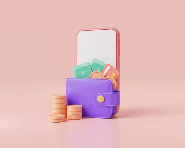 Finance business concept. Money transfer from wallet into mobile phone. Online payment, Online transaction, Mobile banking, Saving money, cashback, money online, money transfer. 3d icon render illustration