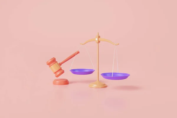 Law and justice concept of Justice scales and wooden gavel on the table. judgement Hammer, court decisions, Law and justice system, arbitrate courthouse, courtroom objects. 3d render illustration