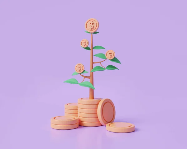 Money tree plant on purple background. Saving money concept. finance sustainable development, storage money, business money investment, economic growth. 3d render illustration