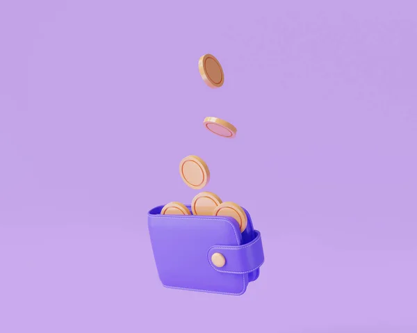 Cartera Púrpura Con Monedas Flotantes Sobre Fondo Púrpura Pago Línea — Foto de Stock