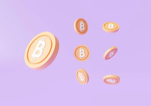 Digitální Měna Zlatý Bitcoin Izolované Fialovém Pozadí Btc Cryptocurrency Crypto — Stock fotografie