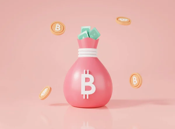 Koncept Úspory Peněz Taška Peníze Strom Bitcoin Růžovém Pozadí Financování — Stock fotografie