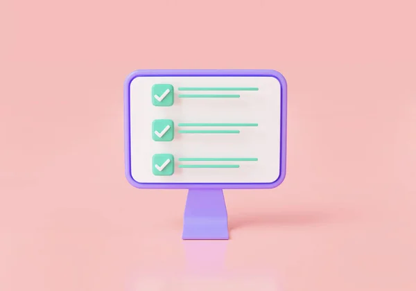 Checklist Computer Geïsoleerd Roze Achtergrond Checklist Online Examen Planning Organisatie — Stockfoto