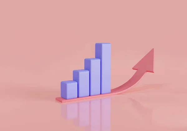 Bar chart with arrow up icon isolated on pink background. Data analysis concept. Growing bars, statistic bar icon, growth business success. 3d render illustration. cartoon minimal style
