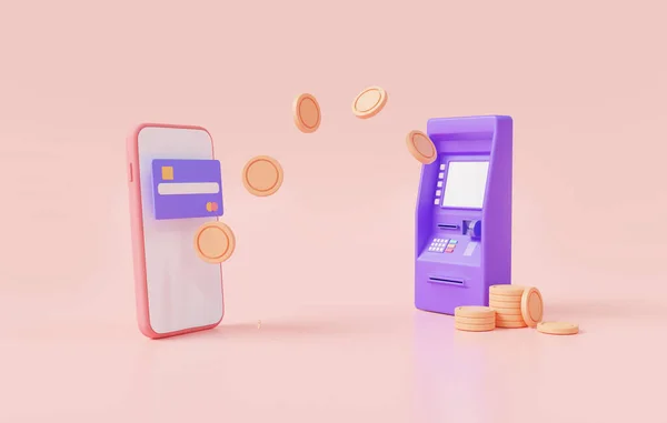 通过手机向银行汇款 网上支付 金融交易和数字金融 信用卡 在线资金 移动银行 商业金融概念 3D渲染说明 — 图库照片