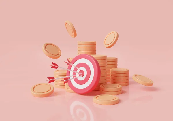 Hedef ok ve altın sikke yığını. Tasarruf, hedef belirleme, işi hedef alma, dolar yığını, yatırım, nakit, kâr. İş hedefi konsepti. 3 boyutlu resimleme. çizgi film asgari
