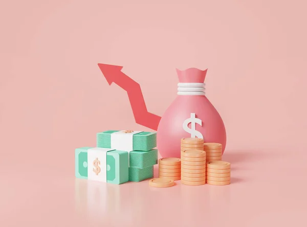Muntstapels Bundel Bankbiljet Zakgeld Red Pijl Roze Achtergrond Geldgroei Concept — Stockfoto