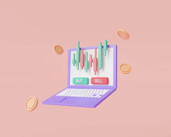 Cryptocurrency trading online with buy and sell icon on laptop. Growing financial index, online trading, Stock exchange, Forex trading concept. 3d icon render illustration. cartoon minimal style