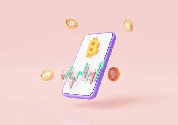 Mobilní Obchodování Bitcoin Šifrování Izolované Růžovém Pozadí Virtuální Kryptoměna Business — Stock fotografie