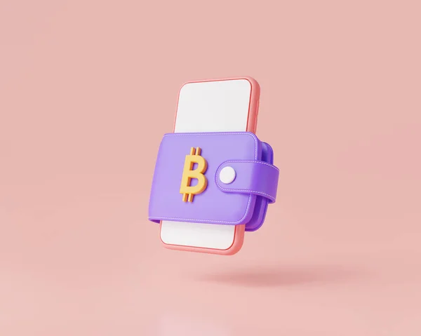 Bitcoin Goldmünze Mit Geldbörse Auf Handy Isoliert Auf Rosa Hintergrund — Stockfoto