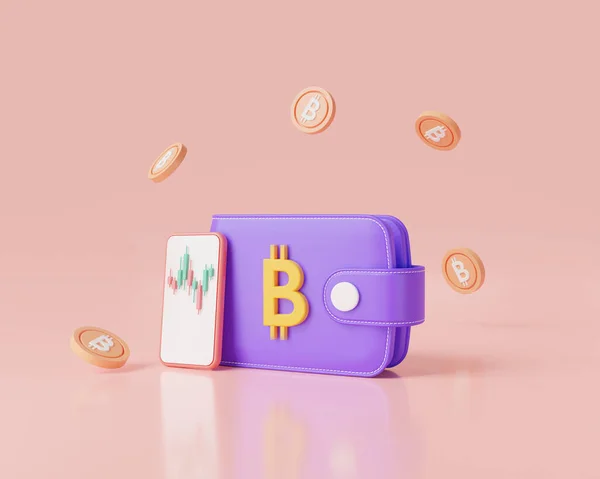 Mobiler Handel Mit Brieftasche Isoliert Auf Rosa Hintergrund Virtuelle Kryptowährung Stockbild