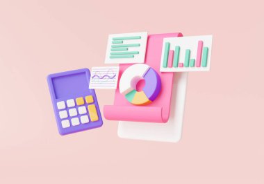 Hesap makineli iş haritası grafiği. Finansal gelişme, mali analiz, istatistik, mali raporlar, bütçe yönetimi. Muhasebe konsepti. 3d simge görüntüleme