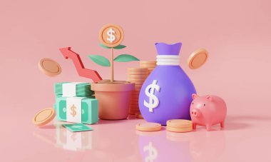 Money tree plant, coin stacks, bundle banknote, bag money, piggy bank and red growing graph. Saving money concept. business investment, money growth, financial growing. 3d minimal render illustration clipart