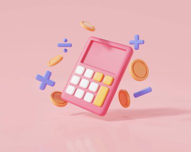 Pembe hesap makinesi, artı, eksi, çarpma, sayı bölme. Matematik aleti hesaplama, muhasebe, matematik aracı, finans eğitimi hesap makinesi. Finansal yönetim kavramı. 3d resimleme