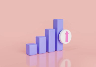 Büyüme çubukları grafiği ve pembe arkaplanda izole edilmiş ok simgesi. Veri analiz konsepti. Büyüyen çubuklar, başarılı gelişme, istatistik bar ikonu, büyüme işi başarısı. 3d resimleme