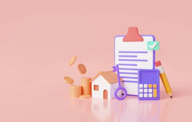 3 boyutlu resimleme madeni para yığını, banknotlar, hesap makinesi ve pembe arka plandaki ev. Emlak konsepti için iş kredileri. Vergi ödemesi, konut ekonomisi. konut yatırımları