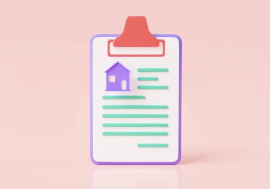 House 'un gayrimenkul sözleşmesinin 3 boyutlu tasviri. Emlak konsepti için iş kredileri. Ev değerlendirmesi, ev kirası sözleşmesi vergi evi, kira ve ipotek, konut yatırımları