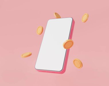 Çevrimiçi para transferi için cep telefonu uygulaması, para transferi, çevrimiçi ödeme, çevrimiçi para, finansal tasarruf, nakit para, cep telefonu ödeme konsepti. 3B Asgari Resim Çizimi