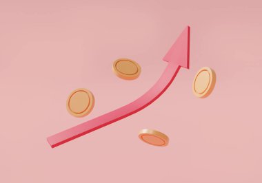 Para büyüme konsepti. Kırmızı ok ve bozuk para yığınları. Finansal başarı, ekonomik büyüme, çevrimiçi ödeme, iş parası yatırımı, kâr, para, nakit. 3D simge çizimi. çizgi film minima