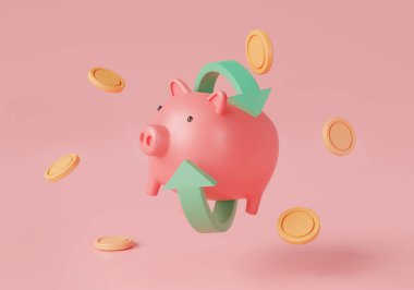 Pembe arka planda para yüzen domuzcuk kumbarası. Nakit para, banka yatırımı, işlem, büyüme parası, para tasarrufu, iş finansmanı, ödeme transferi. 3d resimleme