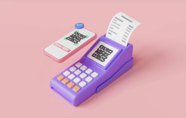 Mobil, Pos terminali ve ekranda QR kodu olan bir makbuz. Çevrimiçi alışveriş, fatura ödeme, Cashless Society, dijital transfer, online işlemler. Çevrimiçi ödeme kavramı. 3d resimleme