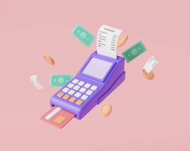 Çevrimiçi ödeme kavramı. Posta terminali, makbuz, bozuk para, banknot ve kredi kartı, ödeme terminali, çevrimiçi transfer, online alışveriş, fatura ödeme, işlem çevrimiçi. 3d resimleme