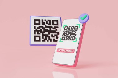 Mobiledeki QR tarama kodu ve doğrulama. Ödeme işlemi, tarama kodu, QR kodu, E cüzdanı, çevrimiçi alışveriş, para transferi, çevrimiçi ödeme. Nakitsiz teknoloji kavramı 3D resimleme