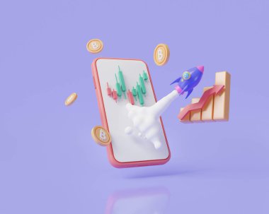 Yükselen roketlerle hisse senedi alım satımları yükseliyor. Kripto para ticareti. Finansal iş yatırımları, hisse senedi büyümesi, borsa. İş büyütme konsepti. 3d resimleme