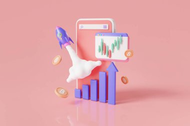 Yükselen roket, web tarayıcısında büyüyen grafik çubuğu ve grafik grafiğiyle hareket ediyor. İş başarısı stratejisi, yeni proje. Roket fırlatıldı. İş kurma konsepti. 3d resimleme