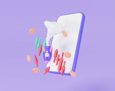 3D roket grafik çizelgesi ve cep telefonunda bozuk para ile yere çakılıyor. Finansal kriz, fiyat düşüşü, kripto para birimi, iş başarısızlığı. İş başarısızlığı konsepti. 3D simge çizimi. Çizgi film minimumu