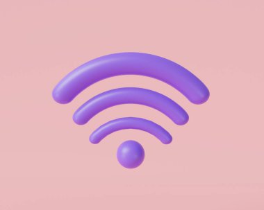 Pembe arka planda WIFI simgesi. Kablosuz internet. Wi-fi sembolü. Kablosuz ağ simgesi. Karı bölgesi. Wifi Bağlantısı. 3 boyutlu resimleme. Çizgi film biçimi