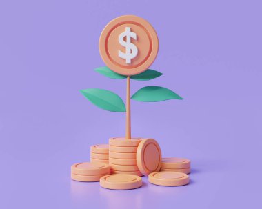 Tasarruf para kavramının 3D çizimi. Mor arka planda para ağacı bitkisi, dolar, nakit para, maddi büyüme, depolama parası, iş parası yatırımı, ekonomik büyüme. çizgi film biçimi