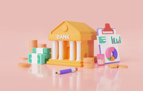 Para transferi konsepti. Para yığını, hesap makinesi ve mali istatistik belgesine sahip banka simgesi. Çevrimiçi bankacılık, para tasarrufu, banka finansmanı, finans sektörü, kamu finansmanı. 3d resimleme