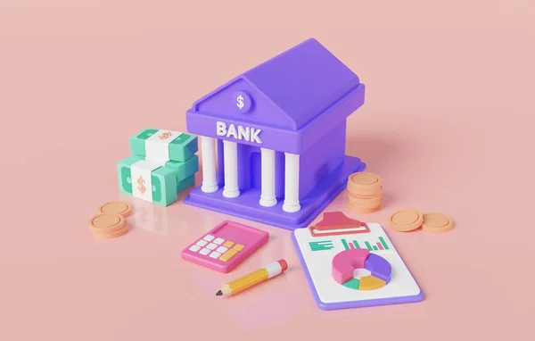 3D银行图标与货币堆栈 计算器和财务文件 网上银行 银行金融 金融业务 公共财政 货币交易概念 3D渲染说明 — 图库照片