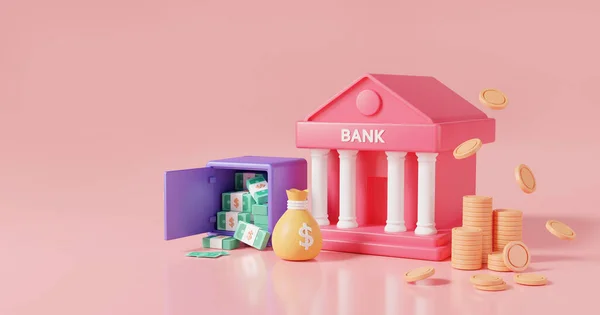银行与保险箱 钞票和袋装货币 网上银行 银行金融 金融业务 银行交易 金融安全 货币交易概念 3D渲染说明 — 图库照片