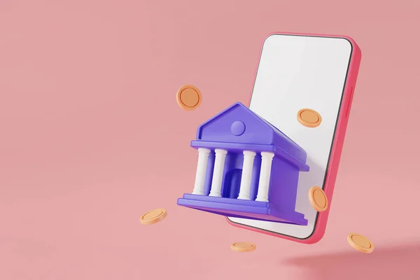 银行通过移动与硬币漂浮在粉红色背景 银行大楼 移动银行 在线资金 网上支付 金融交易概念 3D渲染说明 — 图库照片
