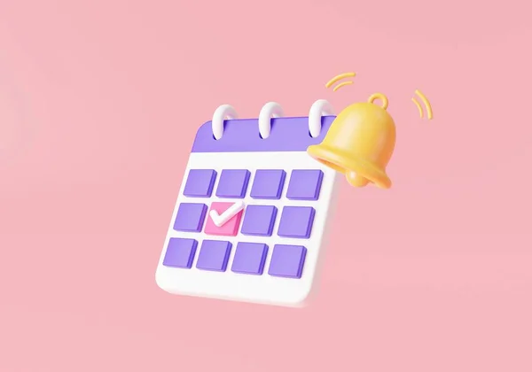 3d render illustration calendar icon with bell notification. reminder in calendar, Meeting reminder planner, business planning, calendar assignment icon. holiday, event, date, note, Planning concept