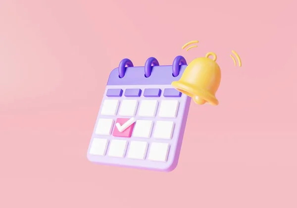 3d render illustration calendar icon with bell notification. reminder in calendar, Meeting reminder planner, business planning, calendar assignment icon. holiday, event, date, note, Planning concept