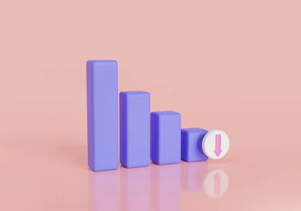 Chart bar with Red falling arrow on pink background. recession of the economy, step down, Falling bar, bankruptcy, budget recession, Trade arrow. Fall and changes in value. 3d render illustration