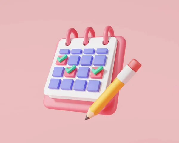 3d render illustration calendar icon with pencil on pink background. calendar assignment icon. holiday, event, date, note, Day month year time appointment. Planning concept. cartoon minimal style