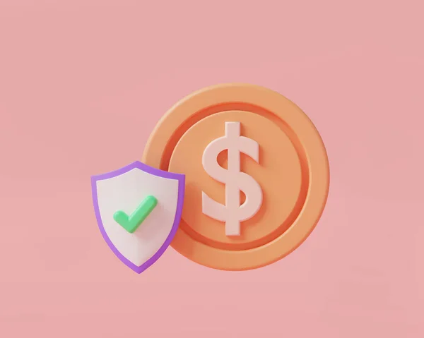 Monedas Dinero Escudo Protección Con Icono Seguridad Sobre Fondo Rosa — Foto de Stock