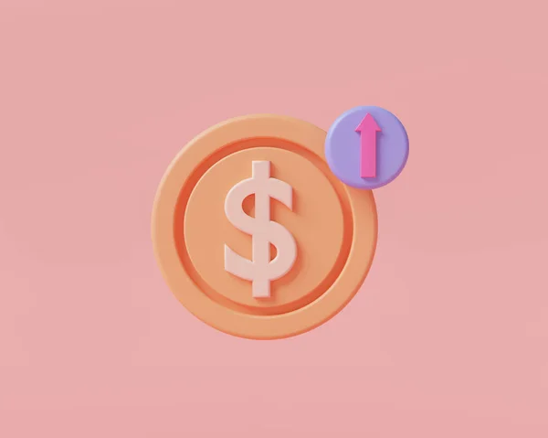 ピンクの背景にコインマネーと赤い矢印 経済成長 金融の成功 ビジネスマネーの投資 コインアップ お金の節約 貨幣成長の概念 3Dアイコンレンダリングイラスト 漫画最小限 — ストック写真