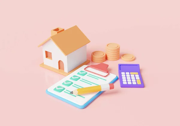 商业贷款用于房地产概念 计算器 粉红背景的家 住宅金融经济 房产投资 3D渲染说明 — 图库照片