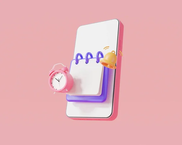 Note book icon with bell notification and clock alarm via mobile on pink background, reminder calendar, online reminder notification, Online reminder notification concept. 3d Rendering illustration