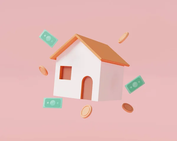 Thuis Met Munten Bankbiljetten Zwevend Roze Pastelachtergrond Zakelijke Leningen Voor — Stockfoto