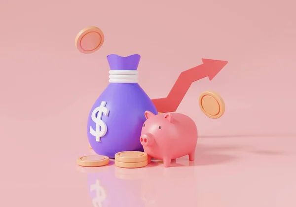 Piggy Bank Met Pijl Opgroeien Zak Geld Munt Financiën Opslaggeld — Stockfoto